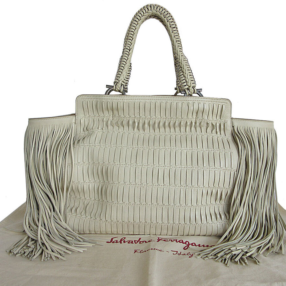 Salvatore Ferragamo Gancini fringed leather handbag off white silver